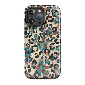 DREAMY LEOPARD Phone Case Teal Watercolor Animal Print Tough Case for iPhone Samsung Google Pixel Polycarbonate TPU Impact Resistant Glossy Finish