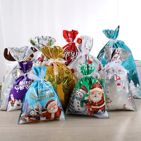 60PCS Christmas Drawstring Gift Bags with Tags Set Unisex Holiday Wrapping Bags for Boys Girls Santa Xmas Bulk Bags for Treats Goodies Party Fixed