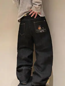 Street Style Streetwear Menswear Koi Embroidered Pocket Wide-Leg Denim Jeans Pants for Men, Casual Loose-Fitting Straight Jeans for All Seasons, Perfect Gift for Boyfriend, Husband, Friends