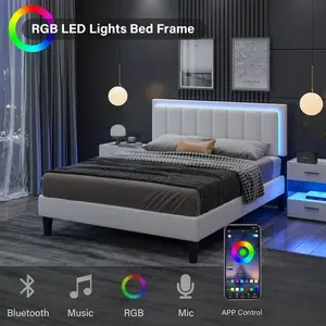 HOMBCK Led Bed Frame, No Mattress, Soft Modern Bed Frame with Luxury Leather Headboard, APP Adiust the Light, No Box Spring Needed