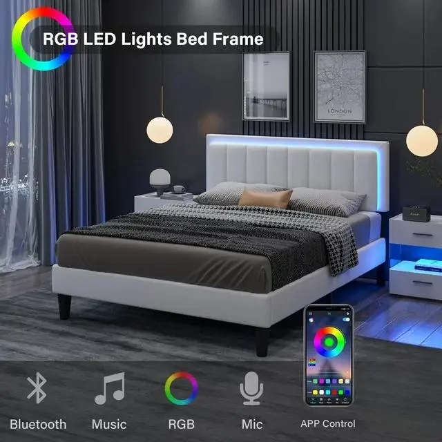 [Summerwins] HOMBCK Led Bed Frame, No Mattress, Soft Modern Bed Frame with Luxury Leather Headboard, APP Adiust the Light, No Box Spring Needed #summer garden,fathers day gift ideas