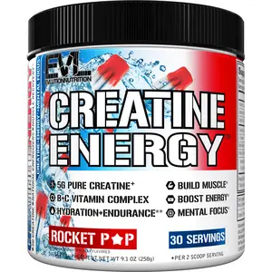 EVL Nutrition Creatine Energy Powder - Rocket Pop Flavor, 5g Pure Creatine Monohydrate, B+C Vitamin Complex, L-Taurine, Beta-Alanine, Natural Caffeine, 30 Servings