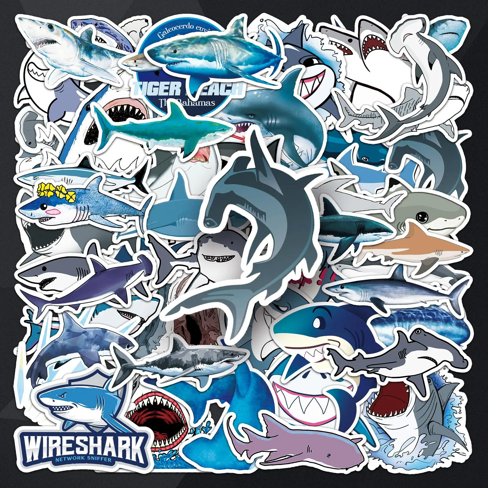 Cartoon Shark Pattern Sticker, 50pcs/set Waterproof Self Adhesive Decor Paper, Decor Sticker for Gift Greeting Card Water Bottle Laptop Phone