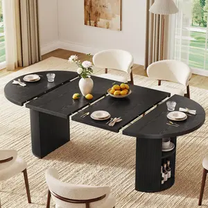 【CategorySelect】ONBRILL 41-78 Inch Gorgeous Extendable Dining Table for 4-8, Fluted Expandable Kitchen Table with Storage, 2 Leaf, Mid Century Modern Oval Dinner Tables, Dining Room Furniture, Kitchen Furniture, Living Room Furniture