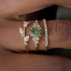 Gorgeous 3Pcs Set Women Rings Olive Green Cubic Zirconia Crystal Luxury Golden Color Wedding Rings Anniversary Party Trendy Jewelry