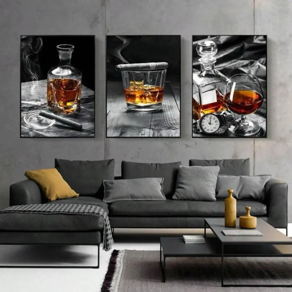 3 Pieces Vintage Whiskey Cigar Still Life Art, Kitchen Bar Wall Mural, Gentleman Taste Home Art, Industrial Gallery Decor, Dark Tone Poster, Wall Decor for Kitchen, Bar and Study, Framed or Unframed.