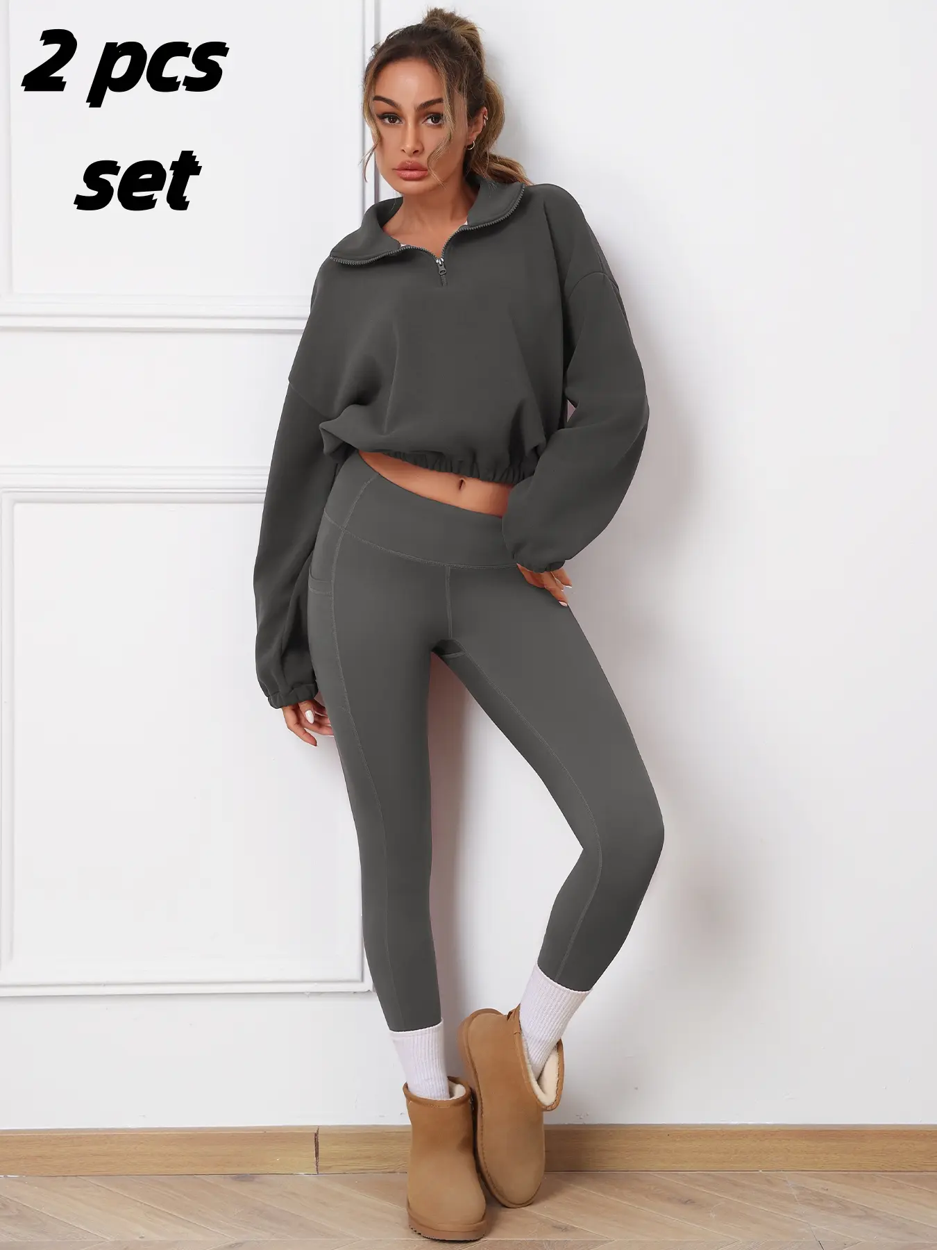 Women's Casual Sporty Top & Pants Set, Stand Collar Warm Pullover, High Waist Pocket Skinny Leggings, Ideal for Yoga Fitness Outdoor Indoor Wear, Workout Set, Casual Sportswear Outfit