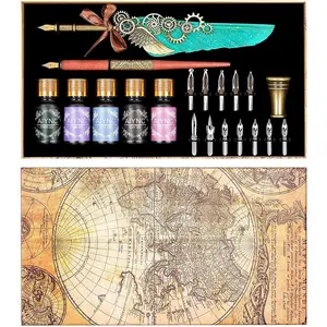 Feather Calligraphy Pen Ink Set Mechanical Feather Pen Wooden Dip Pen 5 Colors Ink 12 Replacement Nibs Pen Holder Envelope Letter Paper (Green)