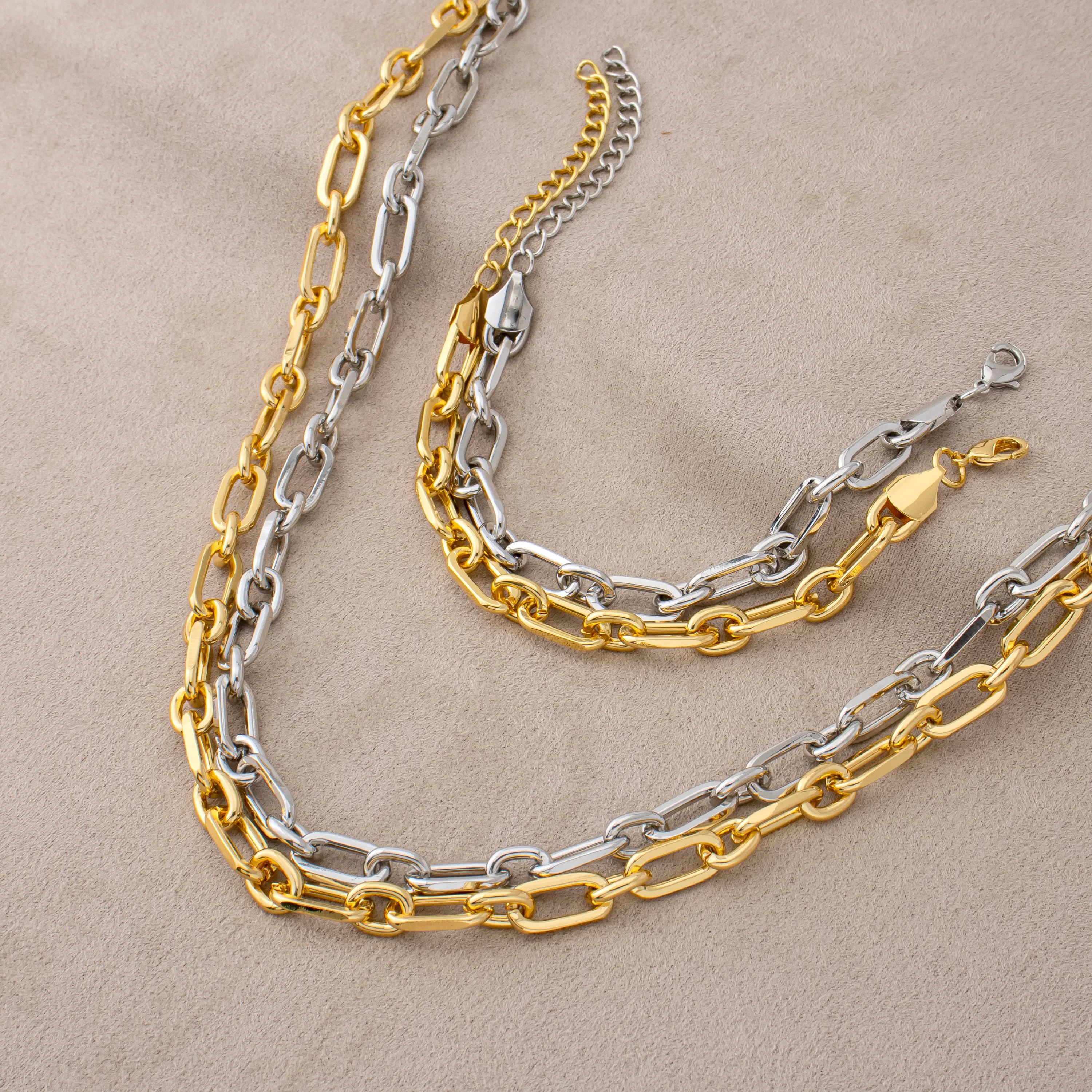 YM 2PCS Elongated Paperclip Chain Set, 18K Gold Plated or Silver Plated Necklace & Bracelet Combo, Rectangular Link Fashion Jewelry for Men and Women