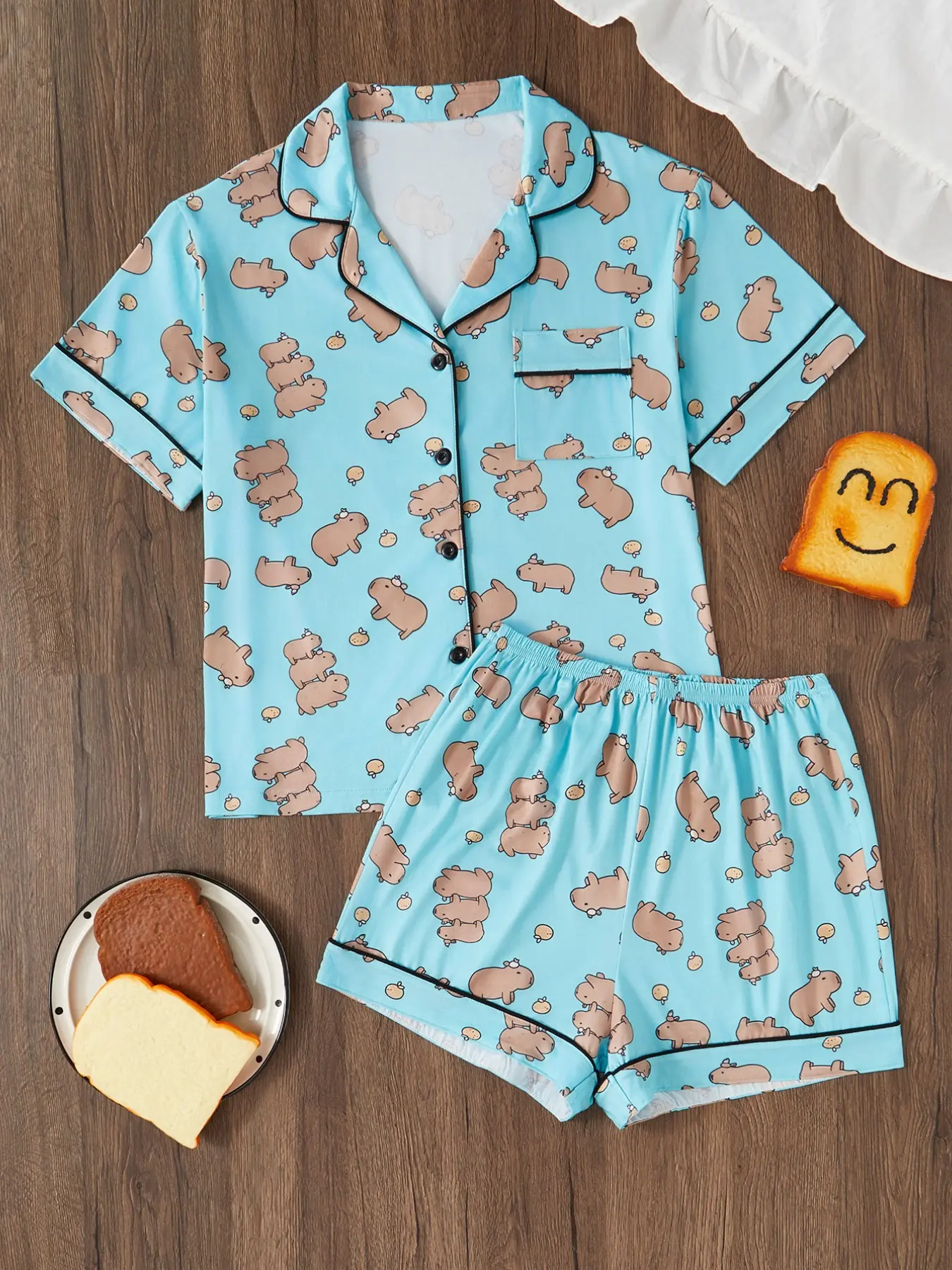 Adorable Light Blue Capybara Print Pjs Pajama Set Soft Animal Sleepwear With Black Piping Comfy Casual Loungewear Homewear For Capybara Lovers Matching Lounge Outfits