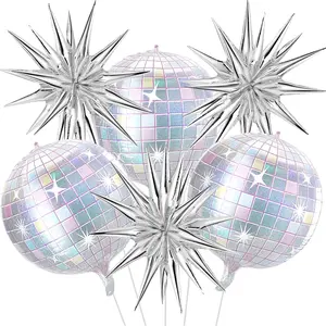 6 Pcs Iridescent Disco Ball Balloons, Huge Silver Explosion Star Aluminum Foil Balloons for Birthday, Bachelorette Party, 70s 80s 90s Theme Disco Music Party Decorations Supplies