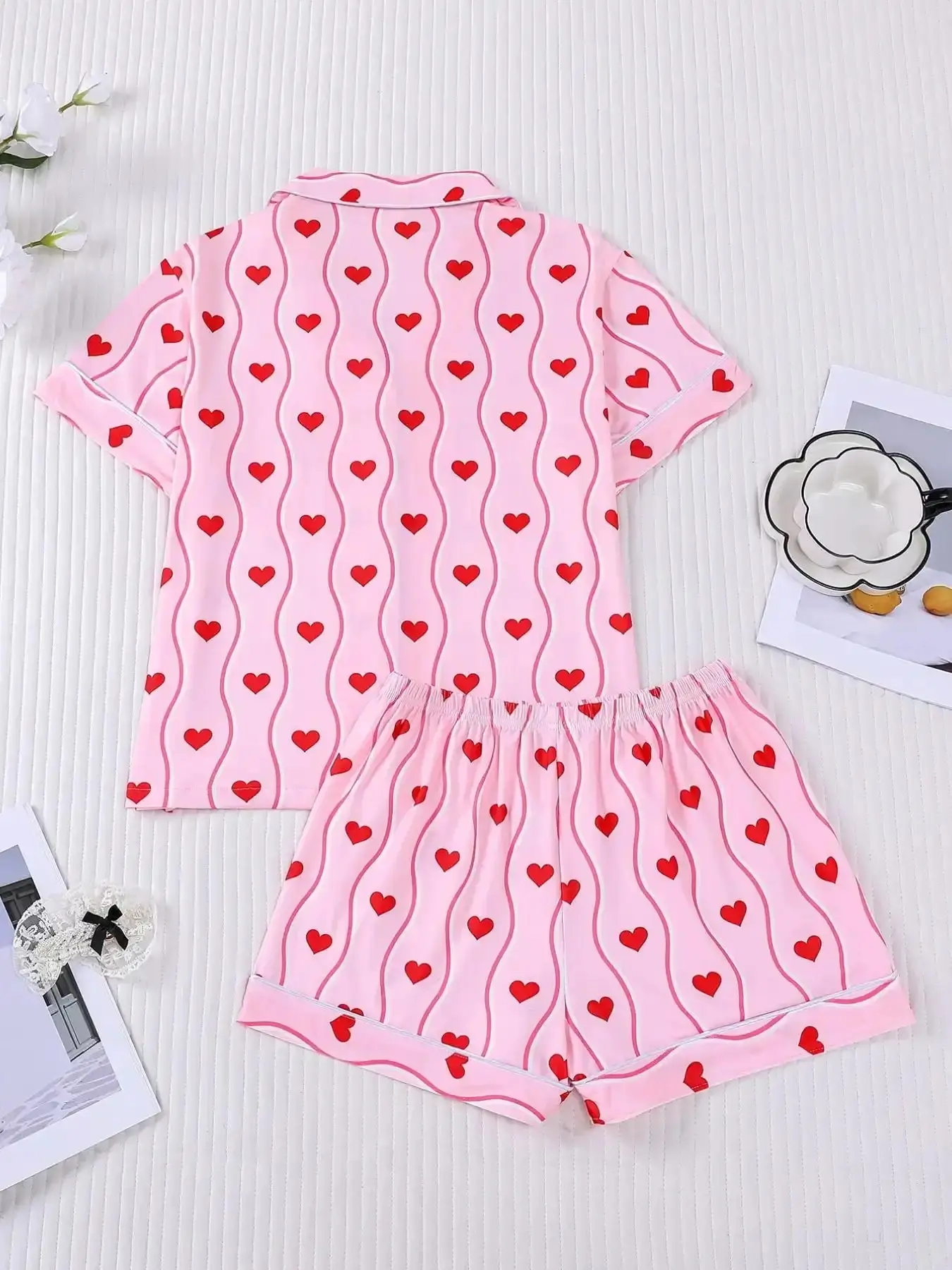 Chic Valentine's Day 2pcs Heart Print Pajama Set - Pink Romantic Short-Sleeve Button Pjs with Pocket - Cozy Women's Sleepwear/Loungewear for V-Day Pyjamas Matching Pj Set, coordinated look, matching ensemble
