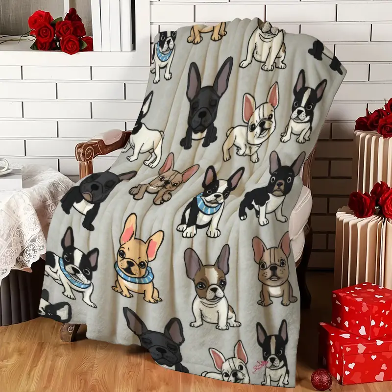 1Pc Ultra-Soft Flannel French Bulldog Animal Blanket - All-Seasons Cozy Throw With Beige,Brown,Black,White Multi-Pose Design - Pet Bed,Couch Use - Living Room Decor - Ideal Gift For Frenchie Lovers, One-Piece