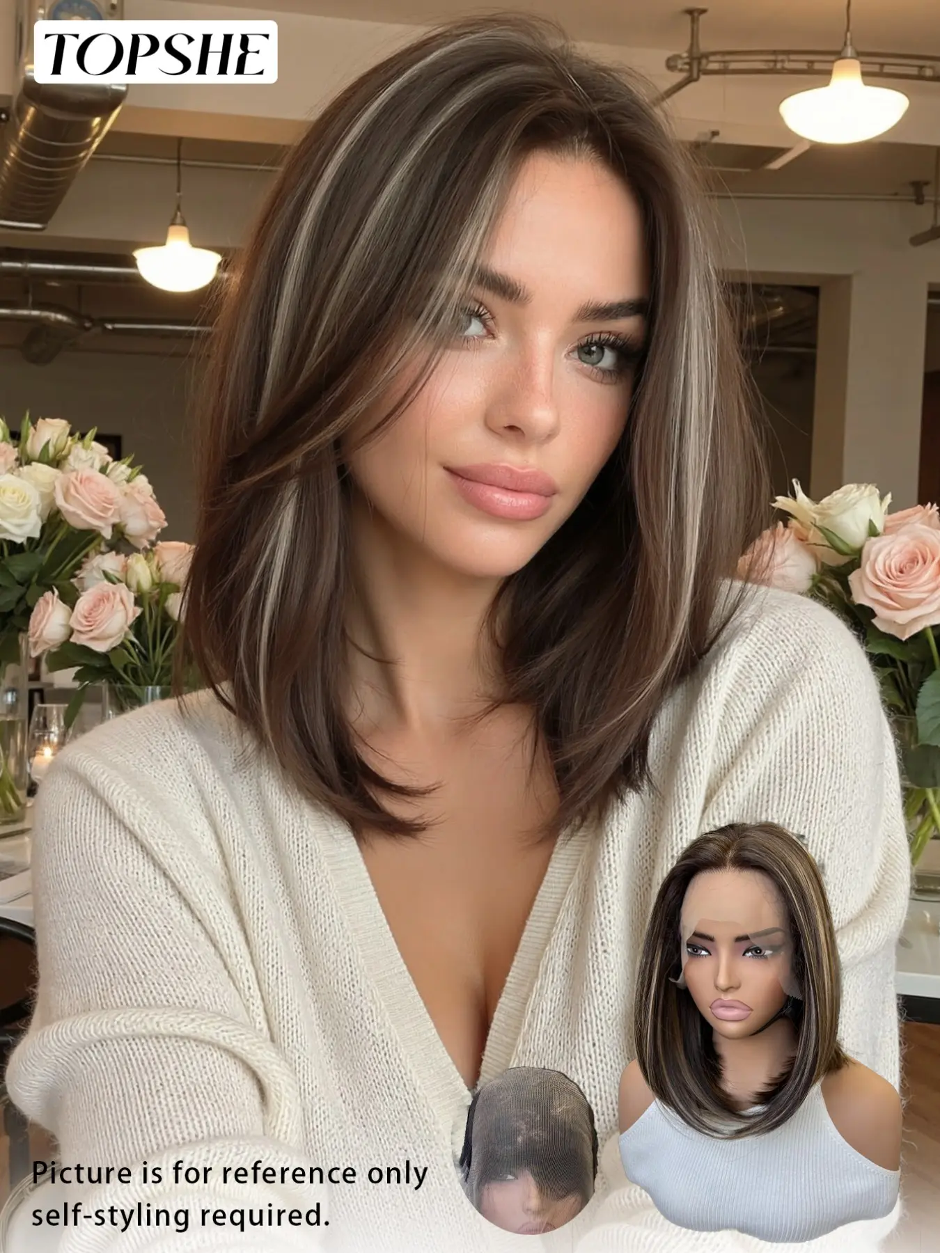 Topshe Highlights Lace Front Wig, Gradient Single Fiber Hair, High-End Heat Resistant Synthetic Wig for Women, Hair Straight Wigs