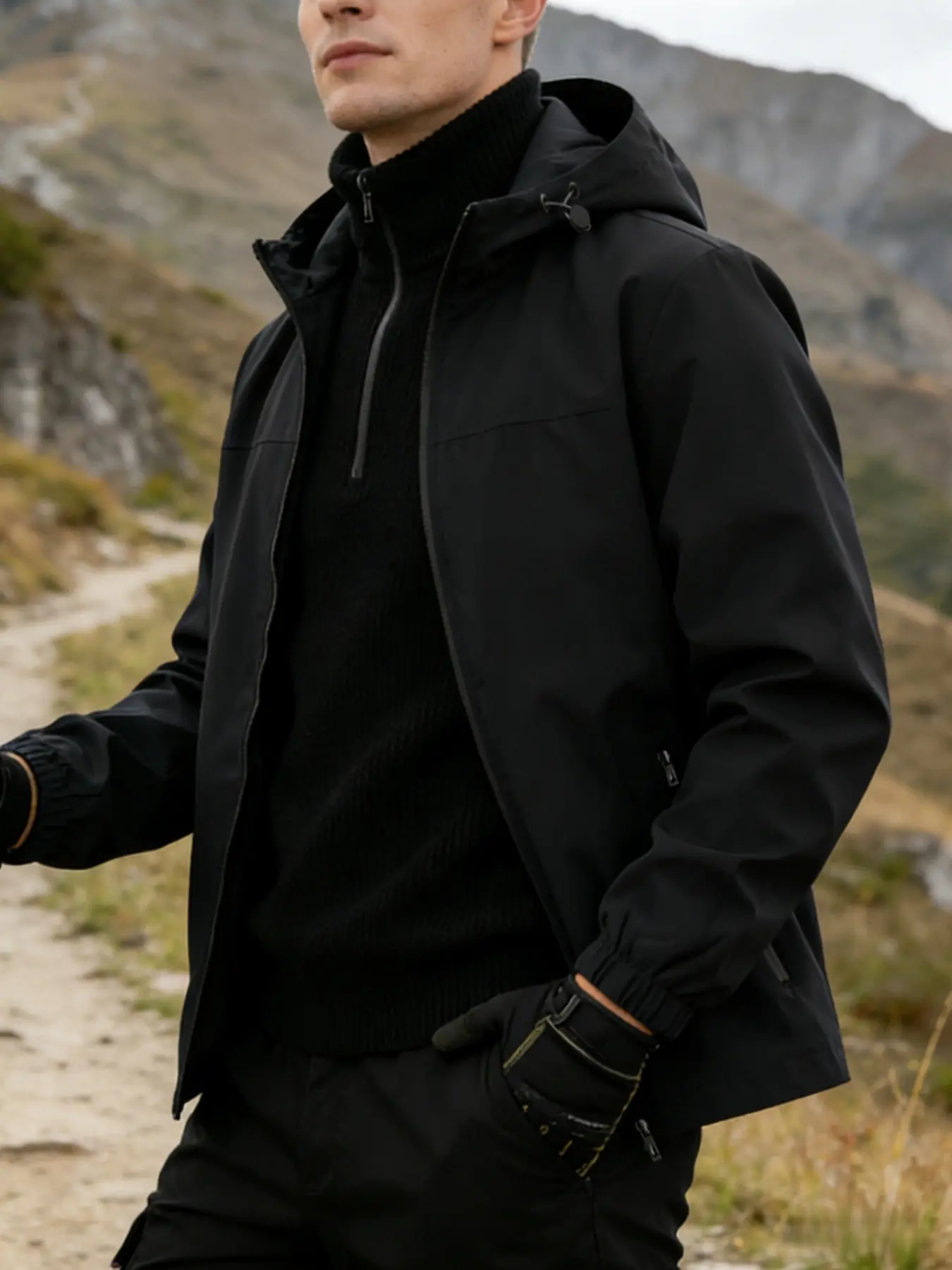 Men's spring and autumn casual jacket, Lightweight outerwear, 100% polyester fiber, zipper closure zipper pocket design, solid color versatile windproof hooded jacket, machine washable, easy to maintain fabric, suitable for daily outings, sports