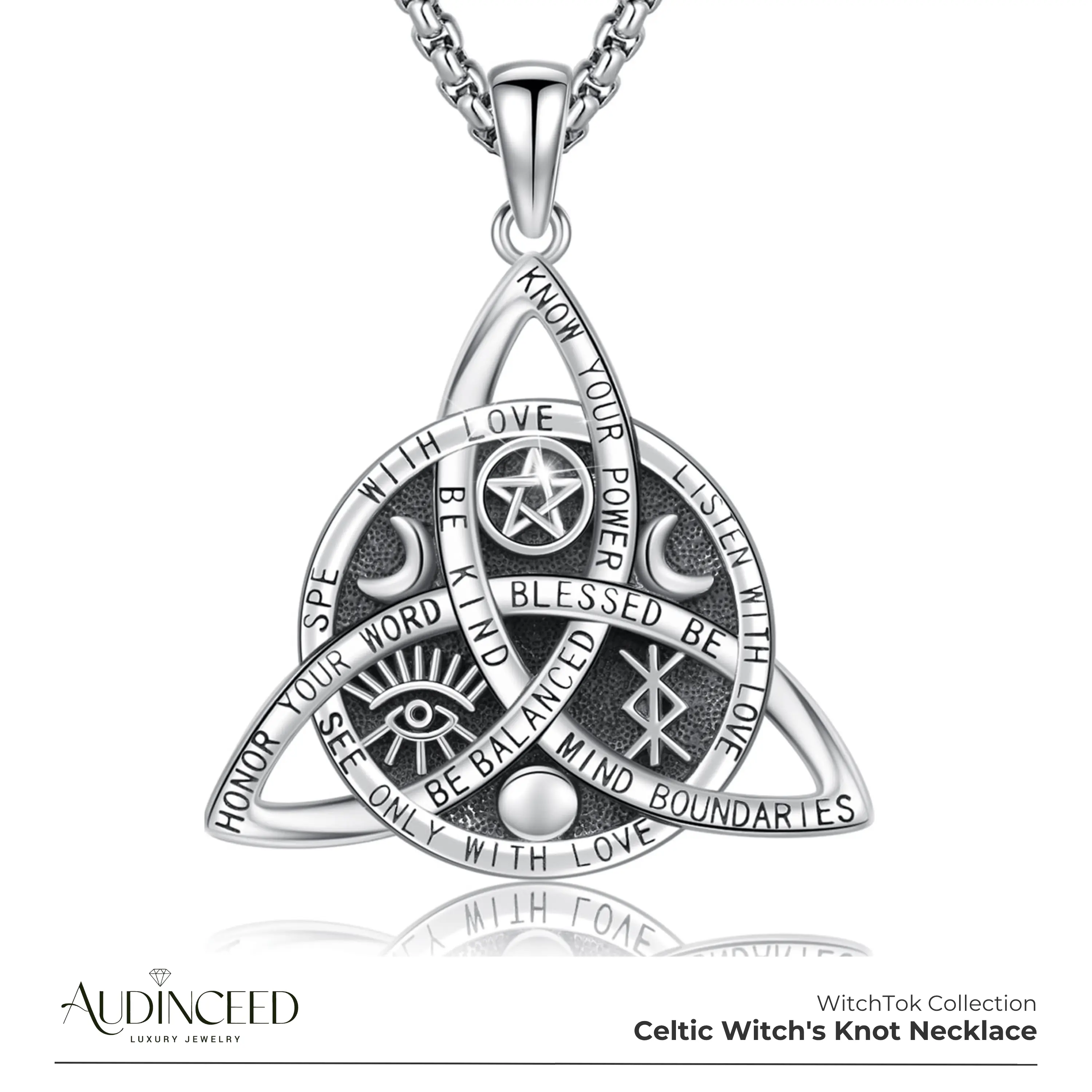 Audinceed Witch's Knot Necklace, S925 Sterling Silver Luxury Celtic Knot Trinity Knot Witches Witch Knot Celtic Trinity Wiccan Witch Silver Necklace Pendant Blessed Amulet Jewelry Necklace Gift For Women Men Women