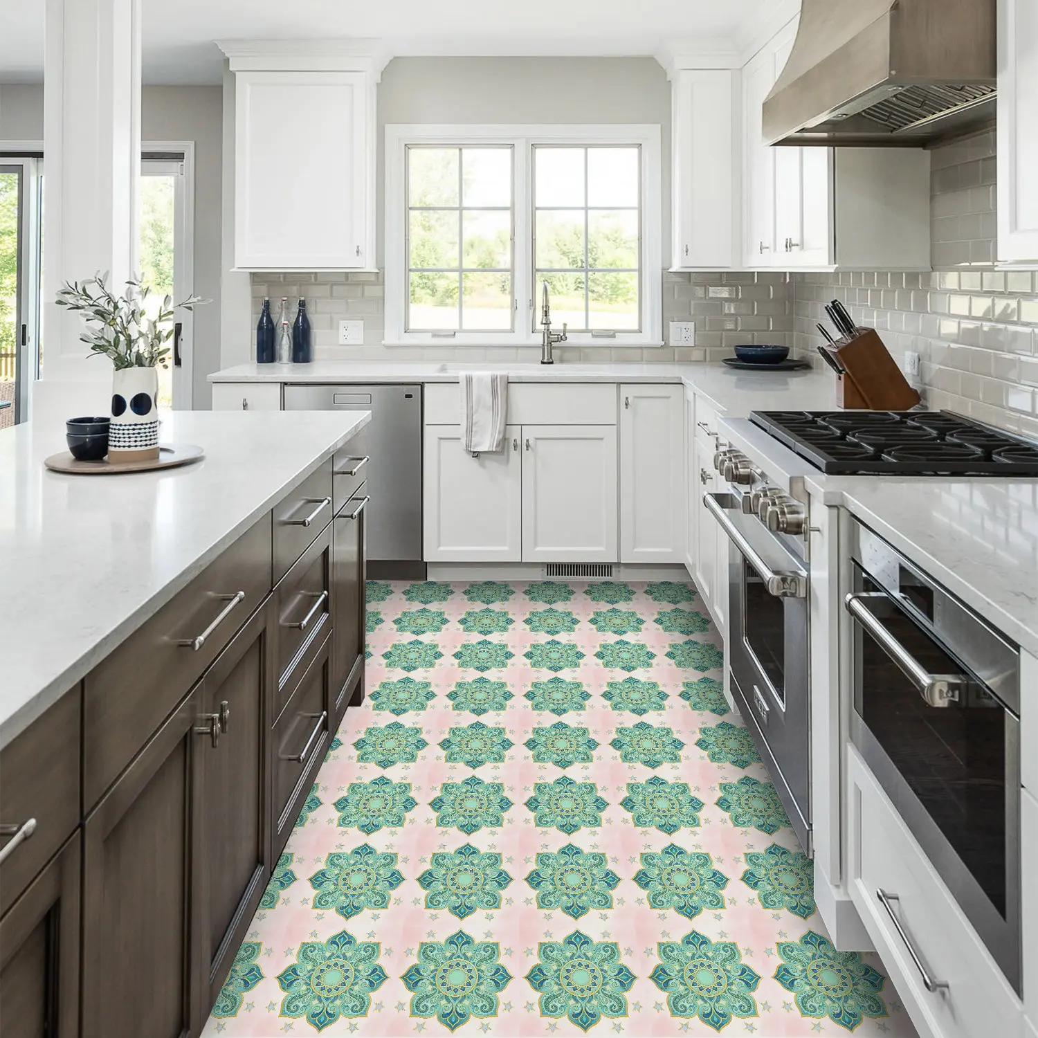 6/20 pieces per pack, enhanced adhesion, thickened frosted, ready-to-peel and stick PVC floor stickers, mandala-style green and orange tile stickers, backsplash home decoration - perfect for DIY kitchen, bathroom, laundry room, and camper van decoration