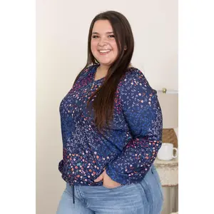 Blue Ditsy Floral Bubble Sleeve Top With Notch Neck