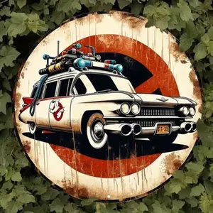 Ghostbusters Ecto-1 Retro Round Aluminum Wall Art Vintage Aluminum Sign Waterproof Home Decor for Living Room Garage Man Cave