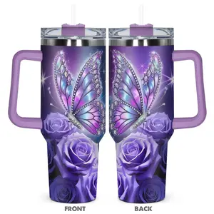 Butterfly & Rose Pattern Tumbler, 40oz Stainless Steel Insulated Tumbler with Lid, Gift for Birthdays, Holidays, or Special Moments for Family, Friends, Coworkers, Drinkware, Vacuum Insulated Flask