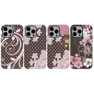 [No Magnetic] Brown Pink Preppy Phone Cover,Tropical Hibiscus Phone Case,Durable Dual-Layer design nostalgia phone casing for iPhone 17 16 15 14 13 12 11 8 7 for Samsung Series,Aesthetic vintage phone Cover,Shockproof Protective Cover,perfect gift for her