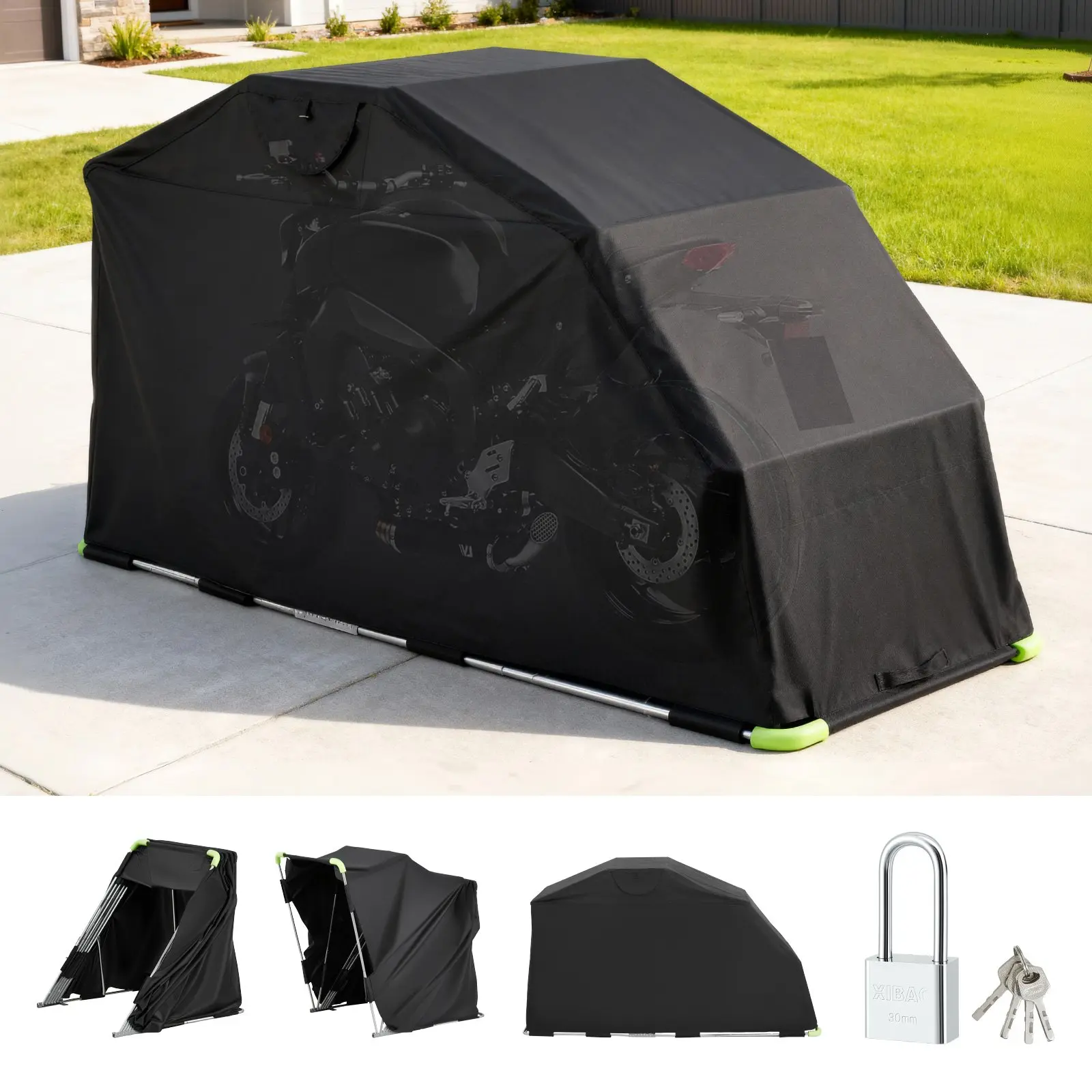 VEVOR Heavy-Duty All-Weather Motorcycle Storage Shelter for Cruisers, 600D Oxford Flip-Up Garage Tent with Security Lock, Ventilation Windows, 110x43x63in Black Outdoor Bikes Shelter, Galvanized Steel
