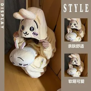 Kawaii Chiikawacoral Velvet Hooded Pajamas for Girls New Cute Cartoon Hachiware Usagi Women's Velvet Home Clothes Autumn Winter