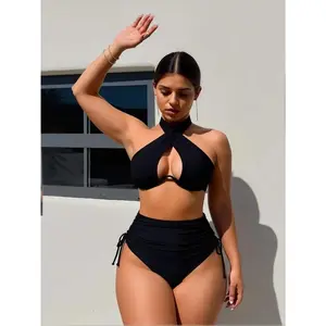 Women's Halter Push Up Black High Waisted Two Piece Swimsuit for Vacation Tummy Control Swimwear