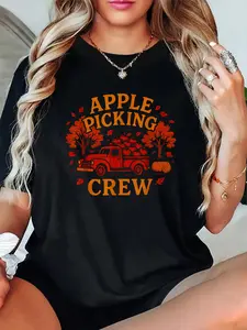 100% Cotton Unisex Apple Picking Crew Autumn Fall Orchard Season Fun T-Shirt，Autumn women's short-sleeved, Thanksgiving and Halloween maple leaf pattern T-shirt