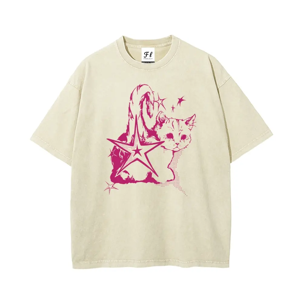 Celestial Cat with Star Burst Vintage S~5XL Oversize Unisex Washed T-Shirt for Women and Men's Unisex Fit Batik Cotton Oversize Streetwear Menswear  Super Soft Pre-Shrunk