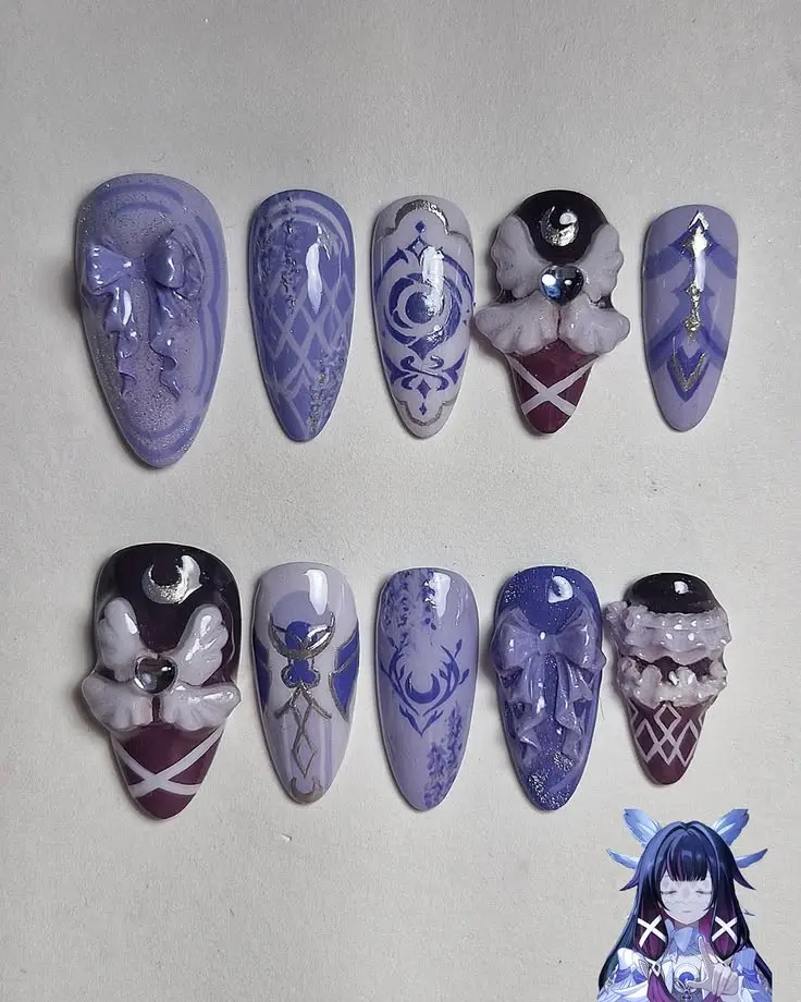Handmade Columbina Inspired Press On Nails | Genshin Impact Damselette 3D Angel Wing Purple Gothic Fantasy Fake Nails with FREE Adhesive Tabs FREE Nail File FREE Cuticle Stick