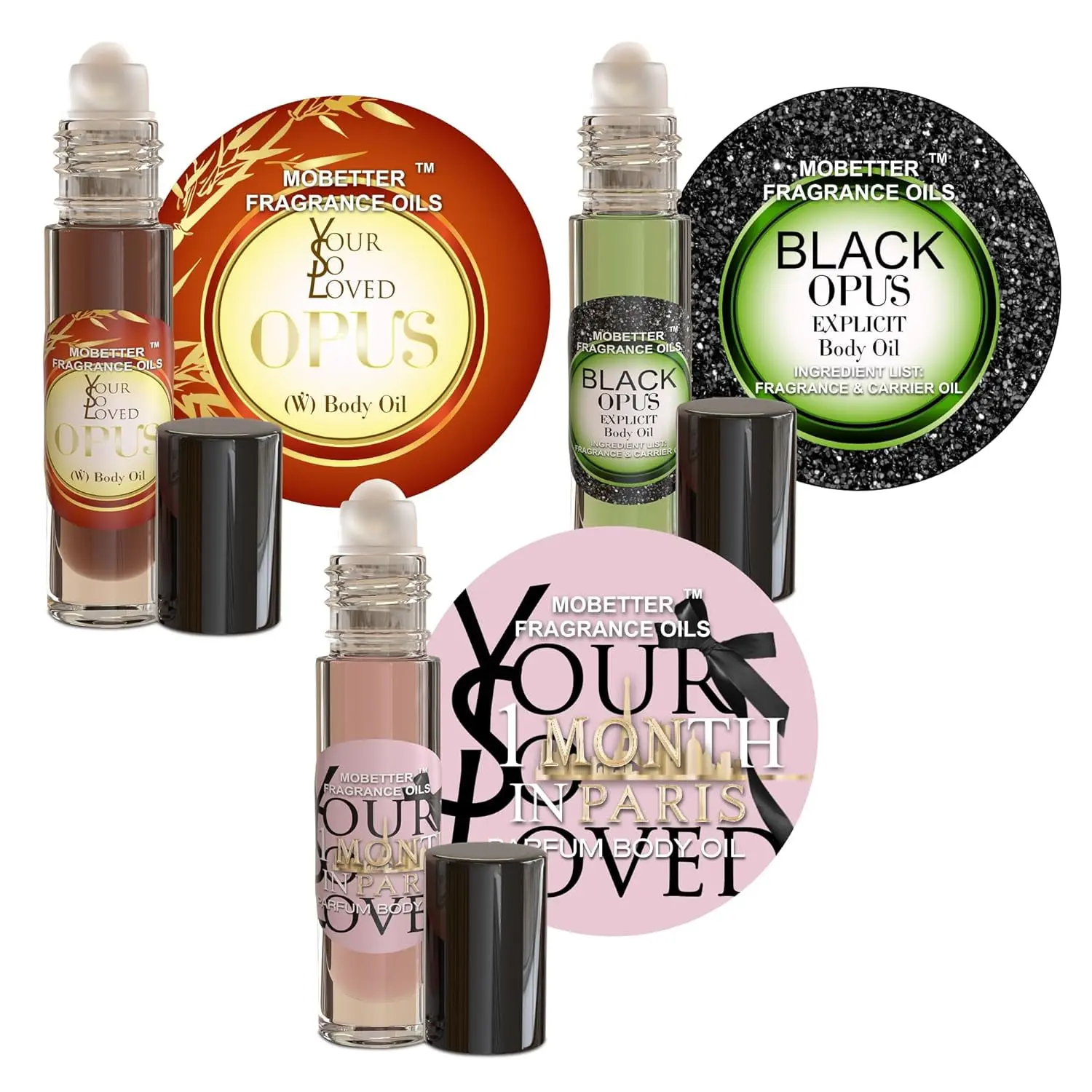 MOBETTER FRAGRANCE OILS Women's Perfume Body Oil Bundle - Set of 3 Roll-On | Opus, Black Opus Explicit, 1 Month In Paris | Long Lasting, Travel Friendly, Alcohol-Free