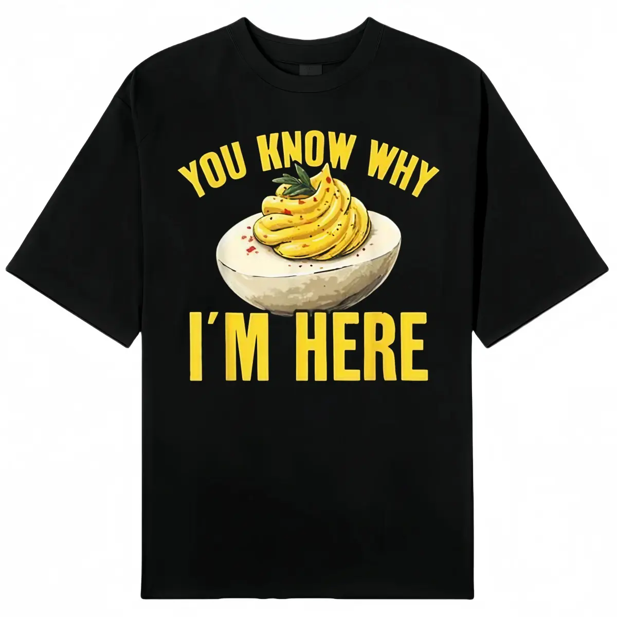 Vintage Thanksgiving Dinner T-shirt, you know why I'm here, devil egg pattern, black crew neck men's top, short-sleeved streetwear