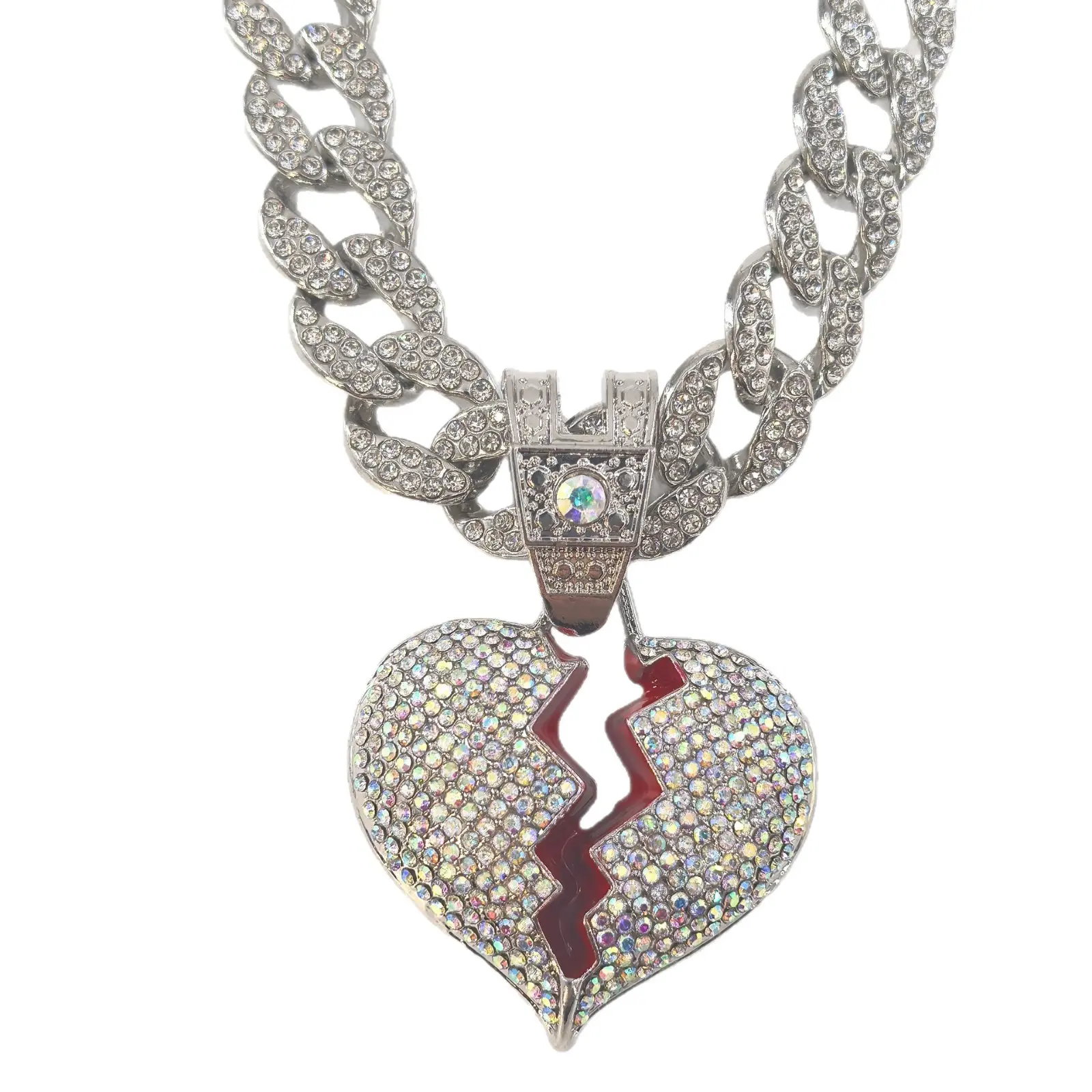 Cuban Link Bling Rhinestone Broken Heart Pendant，Miami Mens Cuban Link Chain Silver Gold Plated Bling Cuban Necklace Diamond Chain for Men Sparkly Hip-Hop Iced Out Punk Rapper Cool Biker Jewelry for Guys