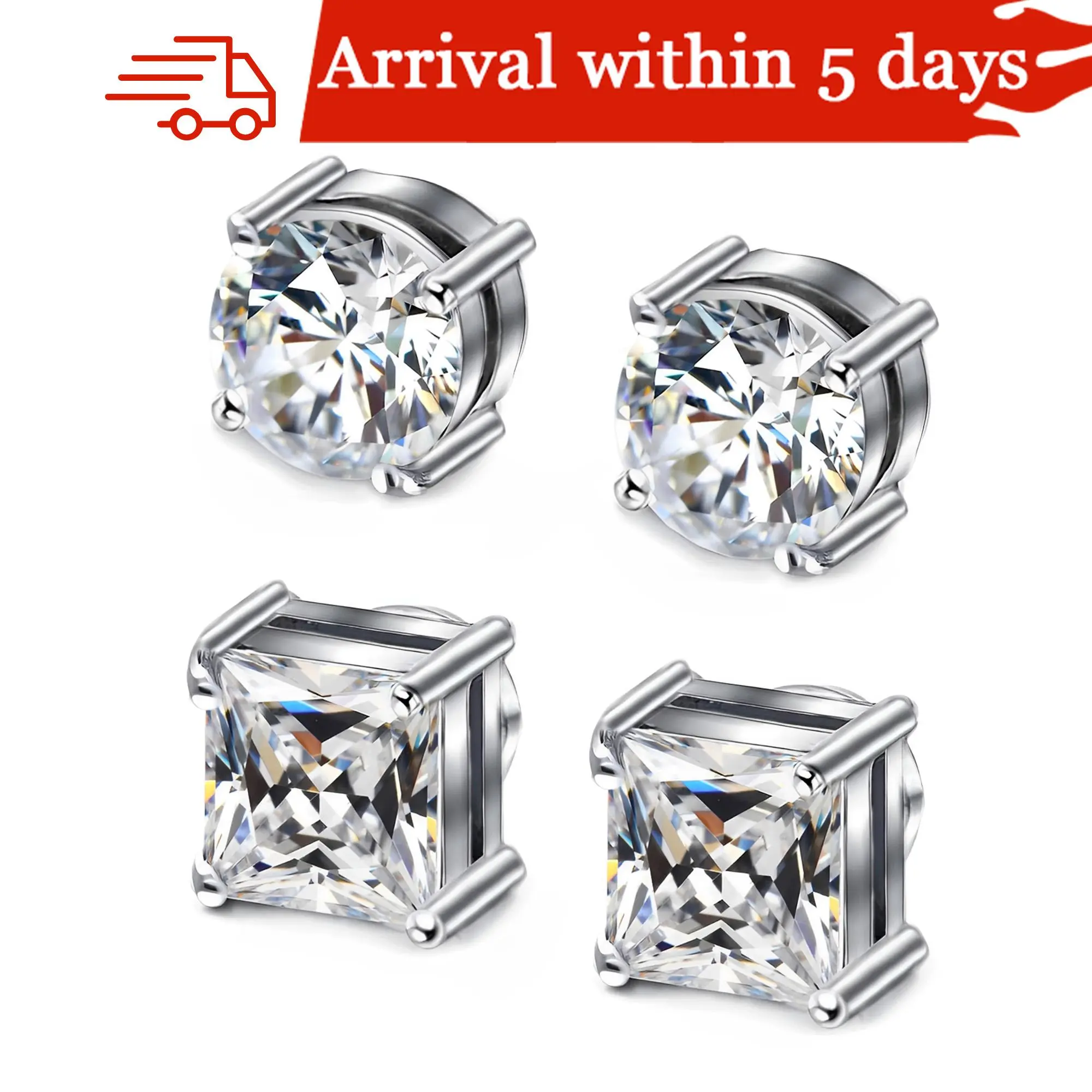 FASACCO Men's 2 Pairs Magnetic Square Stud Earrings - Stainless Steel Precision Metal, Non-Piercing, Hypoallergenic, 5-9MM Artificial Zircon CZ Shining Fashion Magnetic Wearable Earrings for Easy Daily Look Upgrade, Artificial Zircon Earrings
