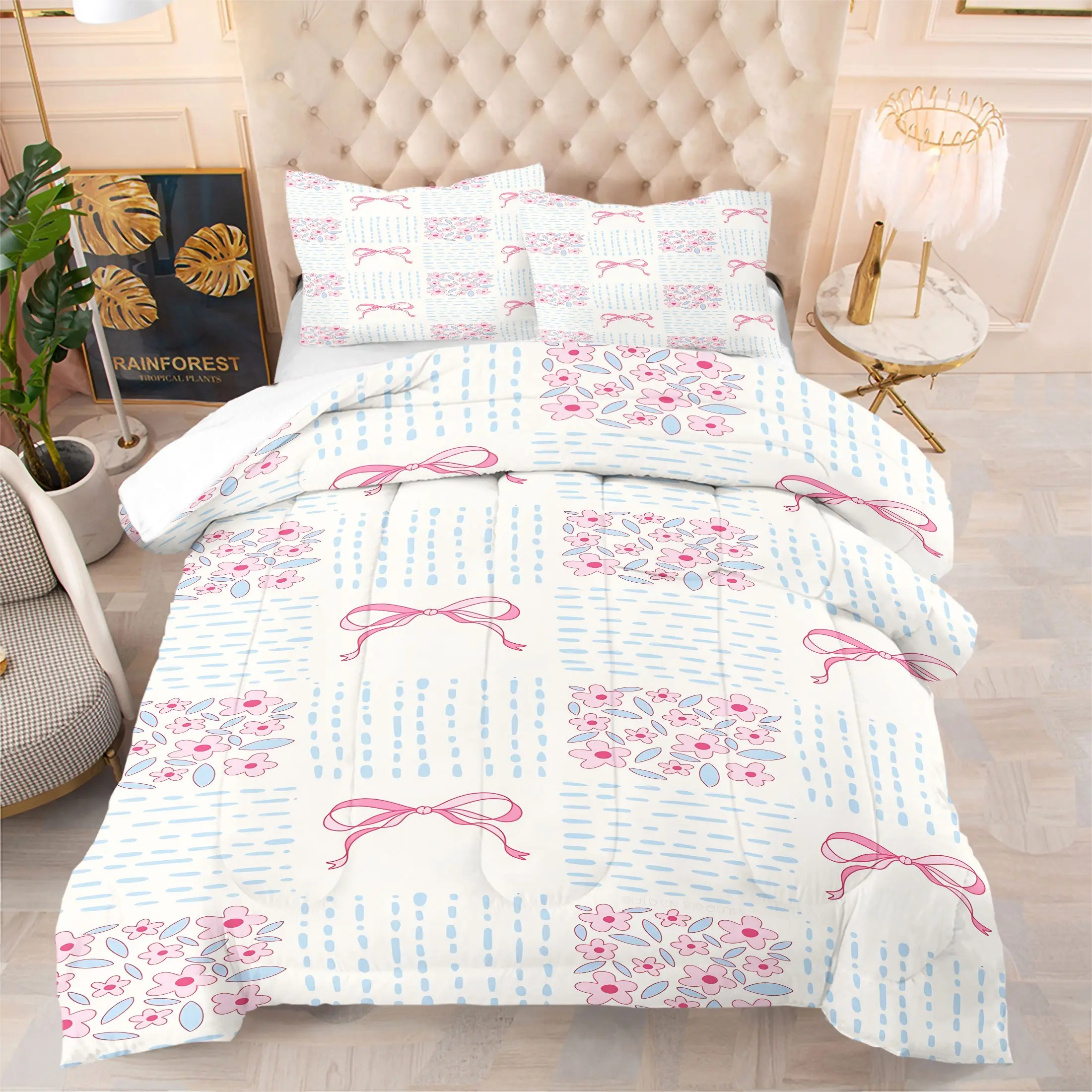 Soft Girl Aesthetic Pink Bow Floral Comforter Set,Includes 1 Comforter & 1-2 Pillowcases,Warm Yet Lightweight All Season Floral Bedding Sets,for Teen Girls Bedroom Dorm Apartment Decor,Ideal Gift for Coquette Style Fans