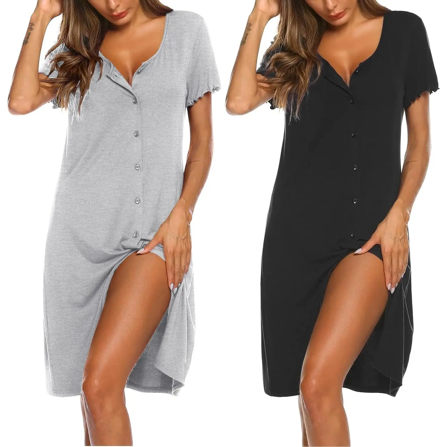 2 Pack Nightgowns for Women Button Down Night Shirts Short Sleeve Sleep Shirts V Neck Sleepwear Pajama Dress 2026