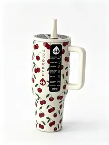 HydroJug 40oz stainless steel vacuum flask is a bottle-type travel mug with a handle. It's leak-proof, BPA-free, and perfect for car rides or office use. You can even fit ice cubes in it. It features a cherry pattern and is ideal for on-the-go us outdoorf