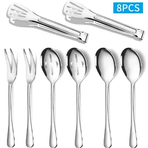 8pcs 10.1-Inch Large Serving Utensils Set, Modern Tableware Sets, Large, Slotted Serving Spoons Serving Forks Serving Tongs Soup Ladle for Stainless Steel Buffet Serving Utensils Perfect for Parties and Gatherings, Cooking Tools