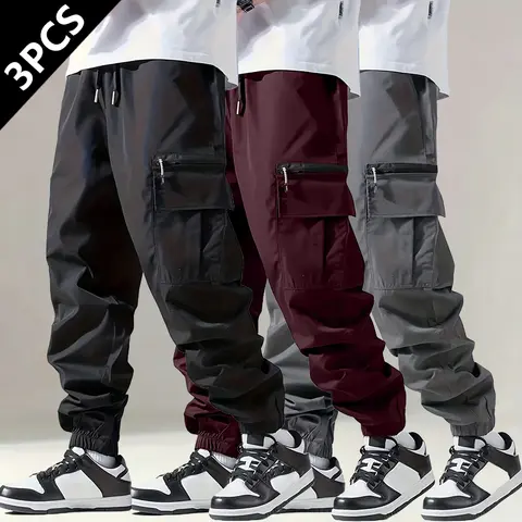 Men's Polyester Plain Cargo Pants 3-Pack - Casual Sports Joggers, Athleisure Active Jogger Pants, Breathable, Multi-Pocket, All-Season Street Wear for Outdoor Activities (Men's Bottoms)
