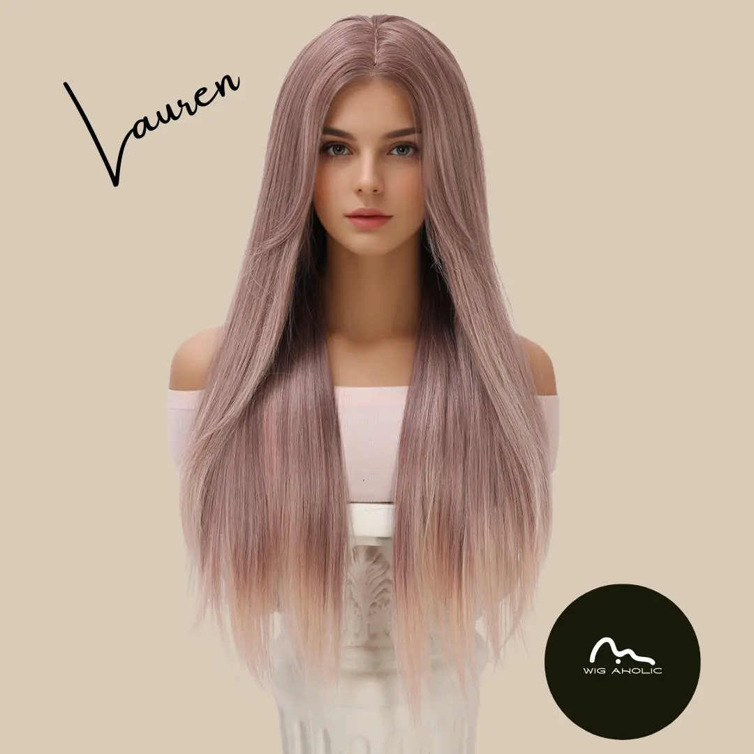 LAUREN 【WA-SM002】 Ash Pink Wavy Wig 26 inch Synthetic 1.5 * 6 cm Lace Frontal  Daily or Party