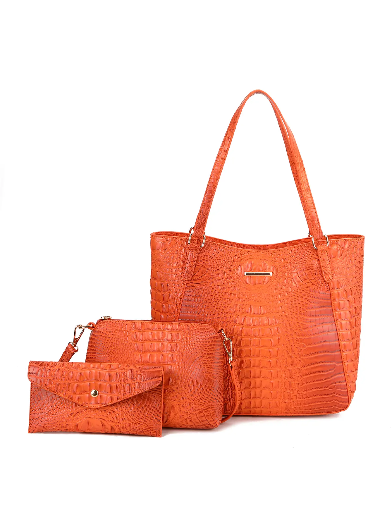 3pcs/Set Crocodile Embossed Tote Bag with Pouch & Envelope Wallet, Orange Shoulder Purse Set for Women Daily & Work