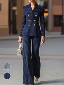 Women's New Elegant Chic Striped Double-Breasted Button Pants Suit, Business Suit Set, Office Commute Business Attire for Fall and Winter with Slim Fit