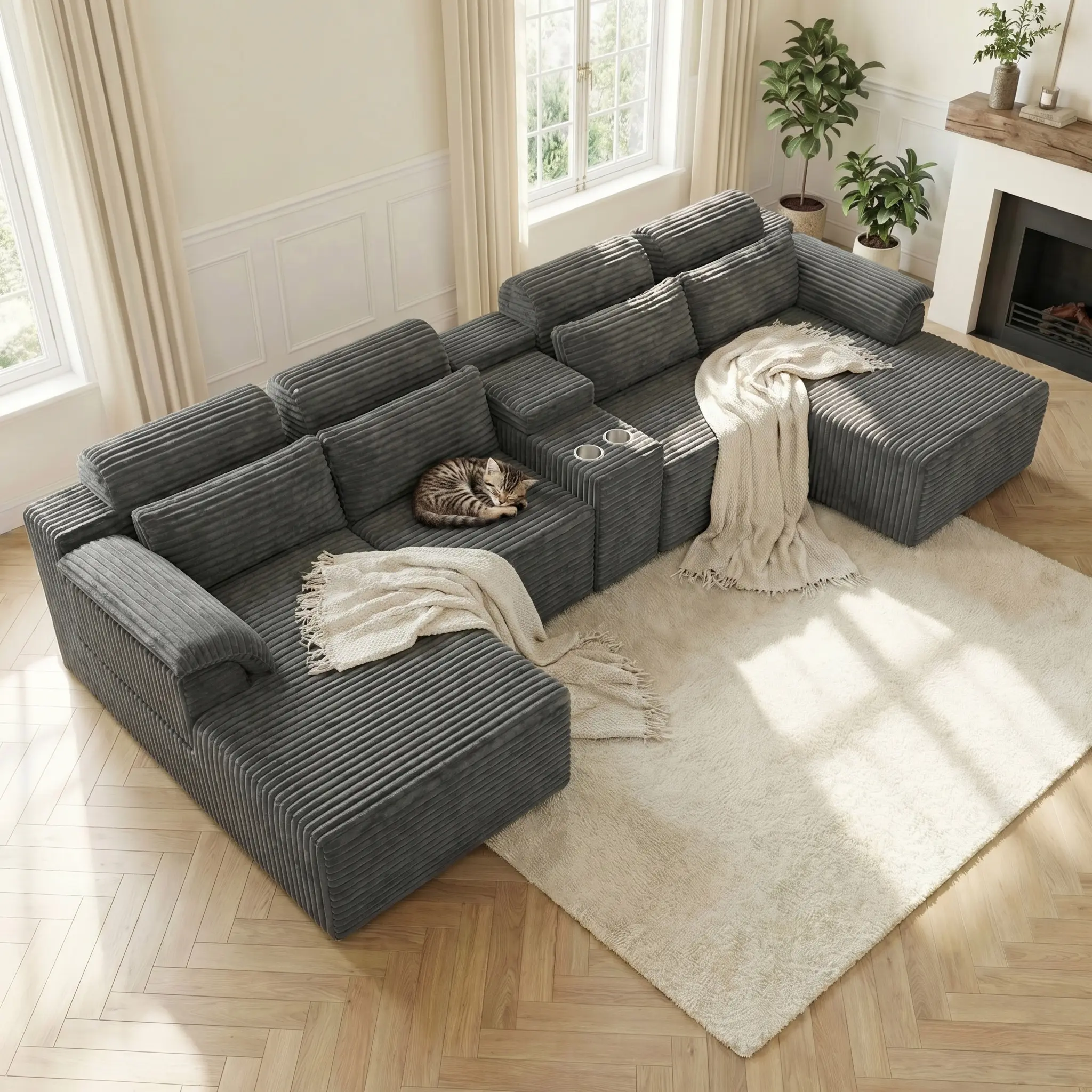 145'' U-shaped Intelligent Cloud Modular Comfy Upholstered Fluffy Modern Corner Sectional Sofa - Velvet Frameless Couch with Cup Holder Storage, Adjustable Bed, Deep Chaise Lounge, Comfortcloud Living Room Furniture, Comfy Upholstered Sofa