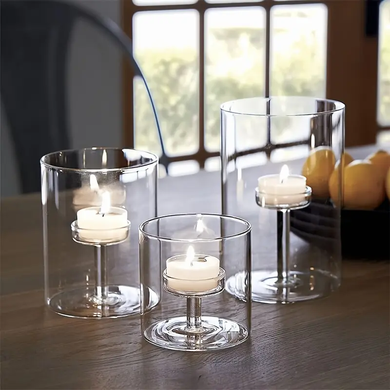 3pcs Cylindrical Glass Decorative Hurricane Candle Holders, Transparent Voting Candle Holders, Dining Table Centerpiece, Used for Wedding Parties, Christmas, And Halloween Decorations