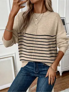Women's 2026 New Elegant Embroidered Heart Striped Long-Sleeve Knitwear, Loose Comfortable Sheer Casual Top for US Fall-Winter Women's Clothes