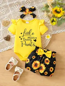 Baby Girl Summer Set Sunflower Printed Ruffle Sleeves with "Little miss Sassy Pants" Design Sunflower Printed Shorts for Daily Lively Dress Up