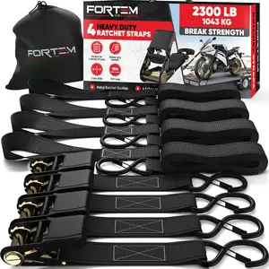 Ratchet Straps, 2300lb Break Strength, 4 15ft Tie Down Strap Set, 4 Soft Loops, Motorcycle Straps Tie Downs, Cargo Straps, Rubber Handles, S-Clips
