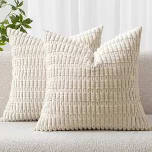 Pack of 2 Corduroy Decorative Throw Pillow Covers 18x18 Inch Soft Boho Striped Pillow Covers Modern Farmhouse Home Decor for Sofa Living Room Couch Bed Cream White