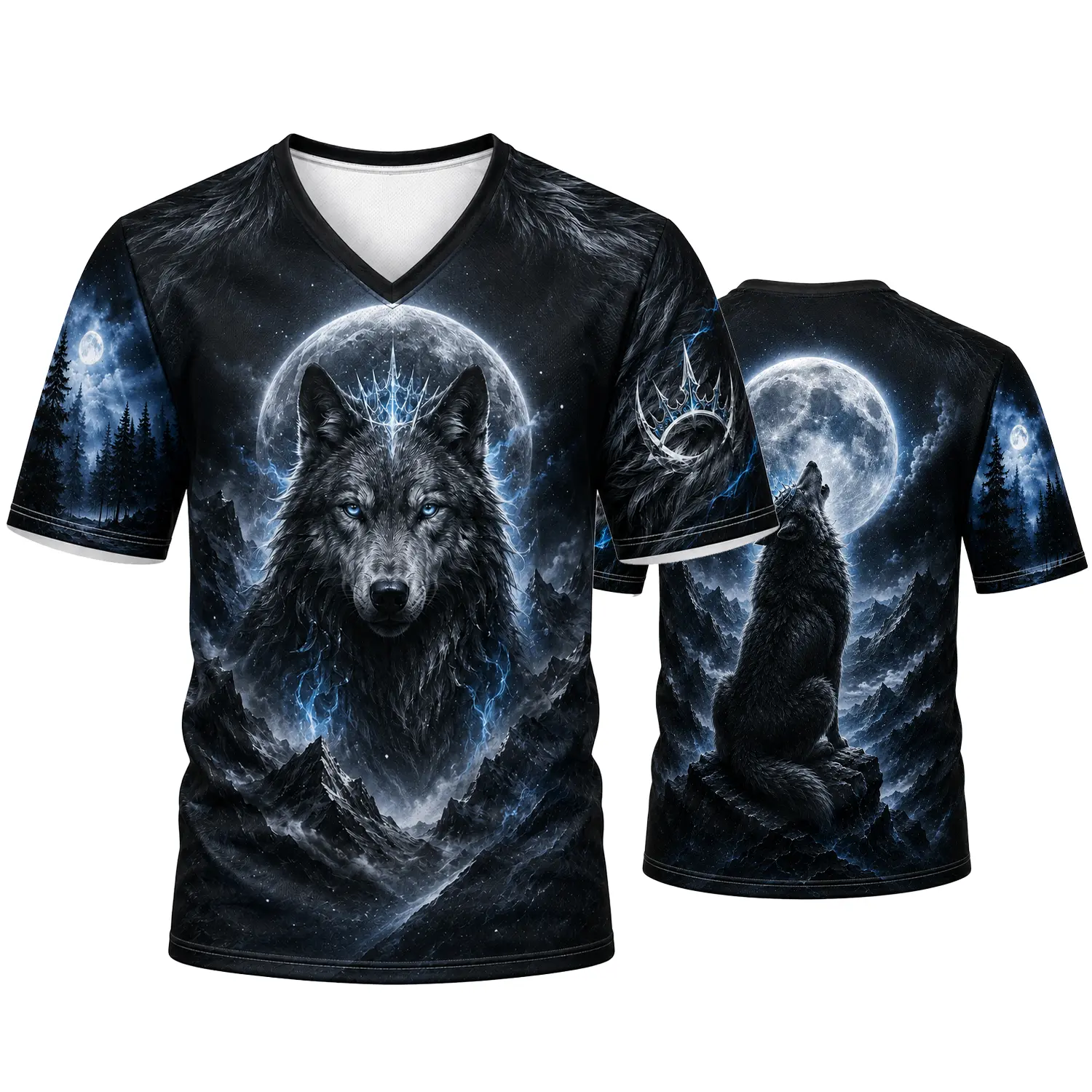 Unisex Bold Athletic Tee - Sporty V-Neck, Gothic Black Blue-Eyed Wolf Moon Art Full Print, Mountain Forest Night Design, Casual Versatile Sportswear Tops, S-5XL Menswear